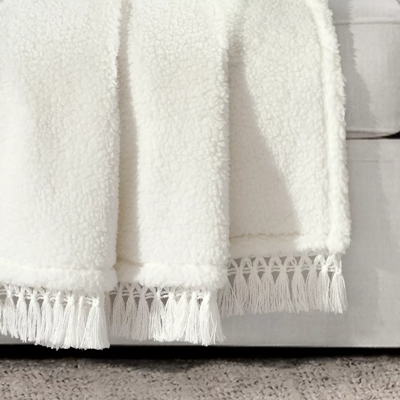 White Tassel-Fringe Sherpa Throw, (50" X 60") 5 White Tassel-Fringe Sherpa Throw, (50" X 60") - Image 3