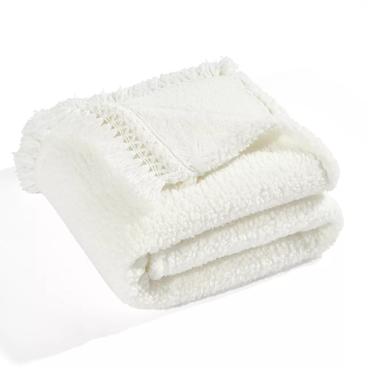 White Tassel-Fringe Sherpa Throw, (50" X 60") 3 White Tassel-Fringe Sherpa Throw, (50" X 60")