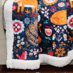 Pixie Navy & Orange Floral Fox Quilted Sherpa Throw, (50" X 60") -Northlight Sales Store 810553496 31