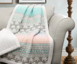 Turquoise & Pink Elephant Stripe Quilted Sherpa Throw, (50" X 60") -Northlight Sales Store 810553499 11