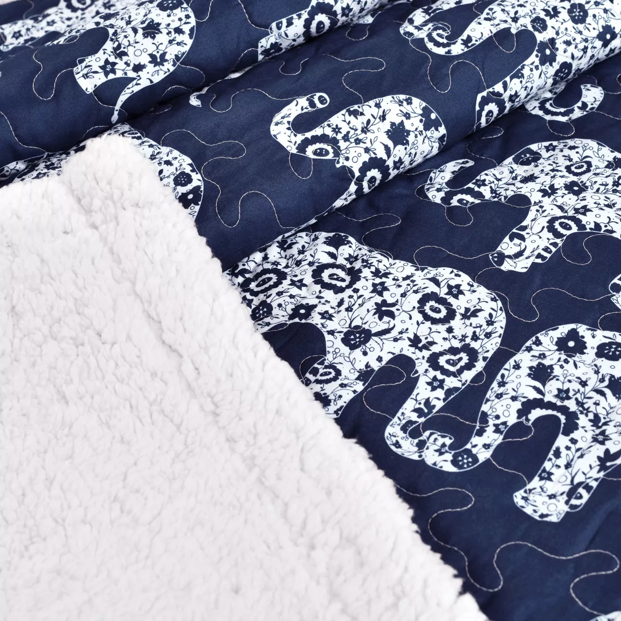 Navy & White Elephant Parade Quilted Sherpa Throw, (50" X 60") 5 Navy & White Elephant Parade Quilted Sherpa Throw, (50" X 60") - Image 3