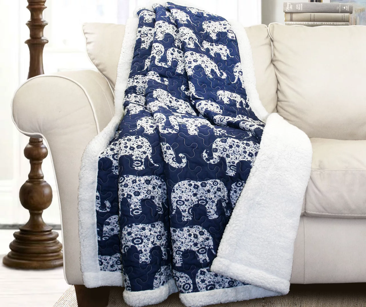 Navy & White Elephant Parade Quilted Sherpa Throw, (50" X 60") 3 Navy & White Elephant Parade Quilted Sherpa Throw, (50" X 60")