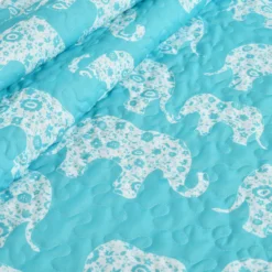 Aqua & White Elephant Parade Quilted Sherpa Throw, (50" X 60") -Northlight Sales Store 810553502 2