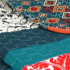 Turquoise & Tangerine Boho Floral Color Block Quilted Throw -Northlight Sales Store 810553505 2