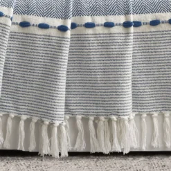 Navy & White Thread-Stripe Herringbone Tassel-Trim Throw, (50" X 60") -Northlight Sales Store 810553510 1