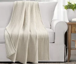 Kantha Beige & Off-White Stitch-Row Throw, (50" X 60")