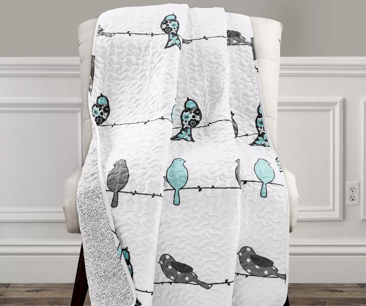 Rowley White & Gray Birds Quilted Throw, (50" X 60") 3 Rowley White & Gray Birds Quilted Throw, (50" X 60")