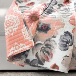 Leah Coral & Gray Floral Quilted Throw, (50" X 60") -Northlight Sales Store 810553529 3