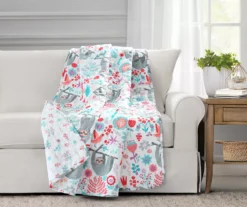 Hygge White, Mint & Red Floral Sloth Quilted Throw, (50" X 60")