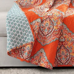 Tangerine & Blue Paisley Arabesque Harley Quilted Throw, (50" X 60") -Northlight Sales Store 810553533 1