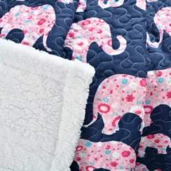 Navy & Pink Elephant Parade Quilted Sherpa Throw, (50" X 60") -Northlight Sales Store 810553536 2