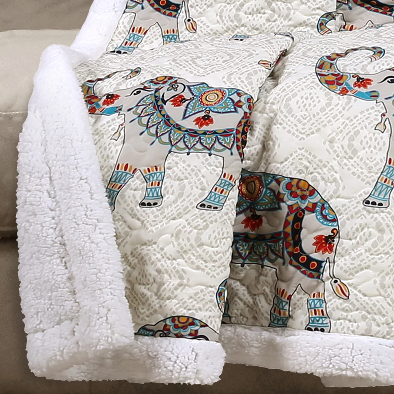Navy & Turquoise Boho Elephant Quilted Sherpa Throw, (50" X 60") 4 Navy & Turquoise Boho Elephant Quilted Sherpa Throw, (50" X 60") - Image 2