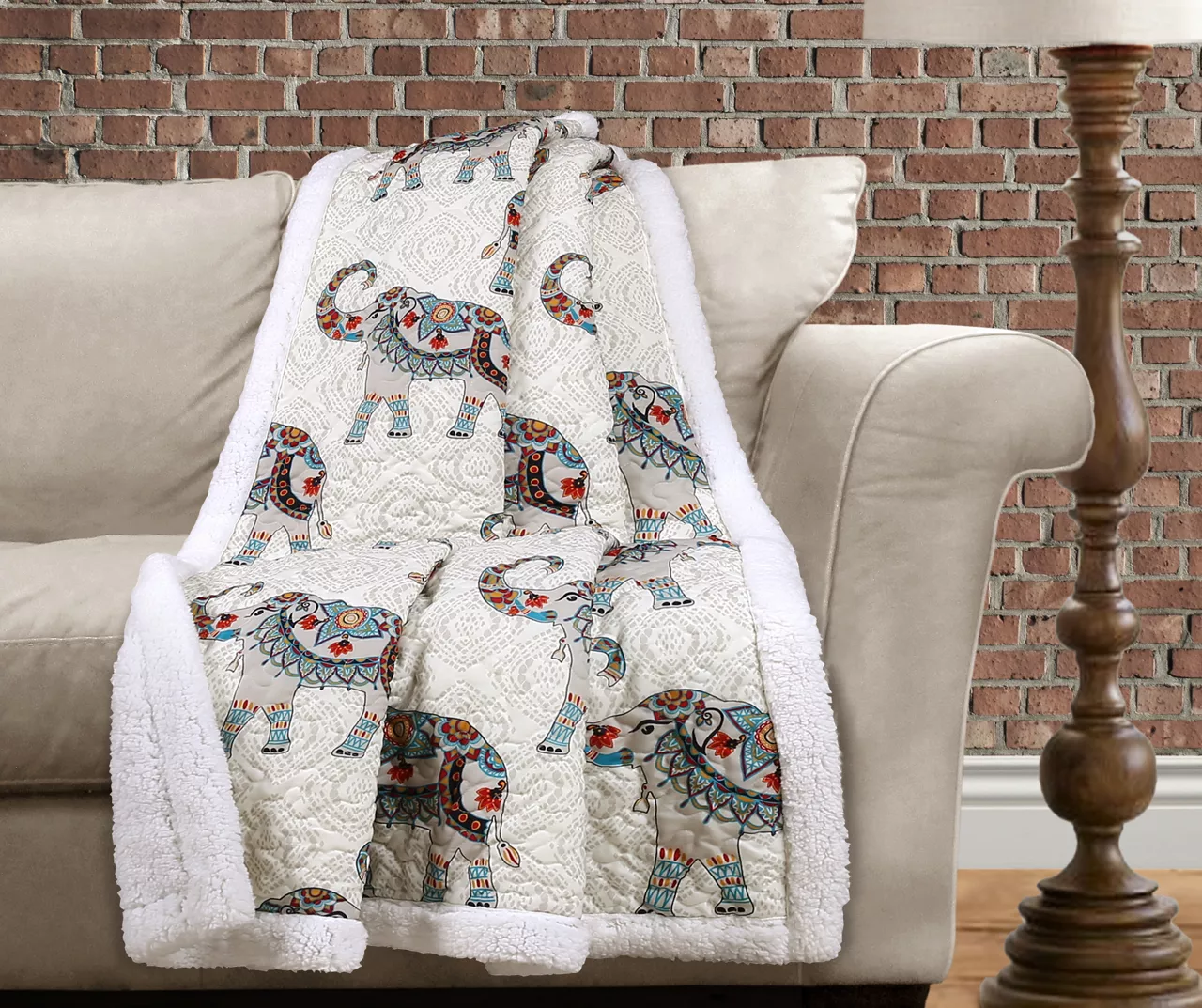 Navy & Turquoise Boho Elephant Quilted Sherpa Throw, (50" X 60") 3 Navy & Turquoise Boho Elephant Quilted Sherpa Throw, (50" X 60")