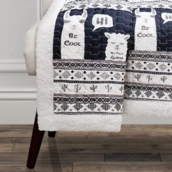 Navy & White Llama Stripe Quilted Sherpa Throw, (50" X 60") -Northlight Sales Store 810553548 1