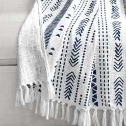 Hygge White & Navy Geometric Stripe Tassel-Fringe Throw, (50" X 60") -Northlight Sales Store 810553554 11