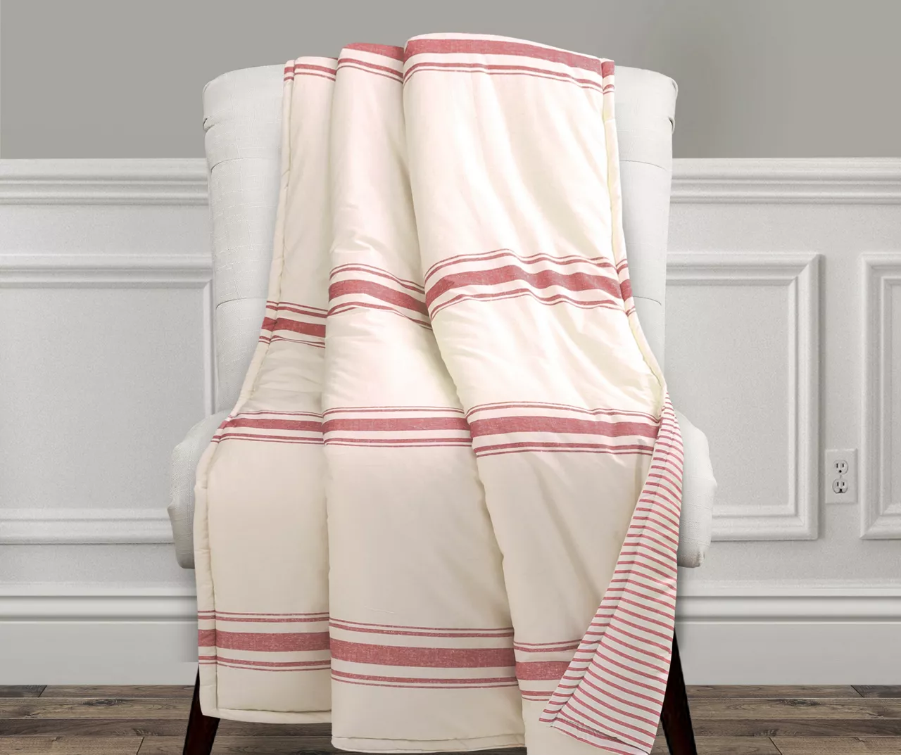 Farmhouse Beige & Red Stripe Throw, (50" X 60") 3 Farmhouse Beige & Red Stripe Throw, (50" X 60")