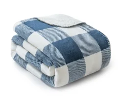 Navy & White Buffalo Check Velvet & Sherpa Throw, (50" X 60")