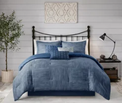Kelan Navy Streak Patchwork Seersucker King 7-Piece Comforter Set