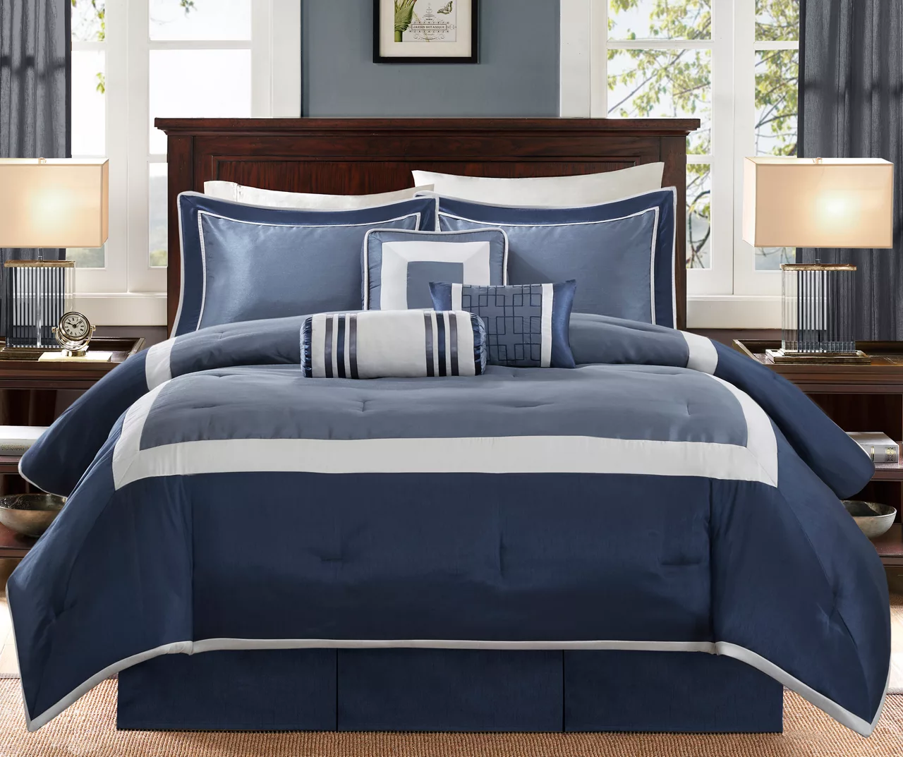 Beverly Navy & White Color Block California King 7-Piece Comforter Set 3 Beverly Navy & White Color Block California King 7-Piece Comforter Set
