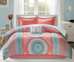 Blaire Coral & Aqua Boho Medallion Queen 10-Piece Comforter Set