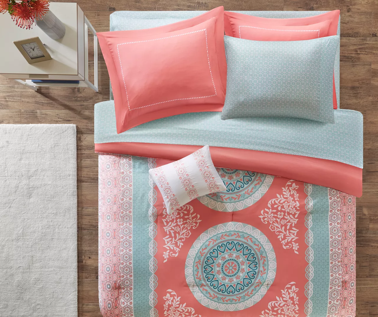 Blaire Coral & Aqua Boho Medallion Twin 8-Piece Comforter Set 5 Blaire Coral & Aqua Boho Medallion Twin 8-Piece Comforter Set - Image 3