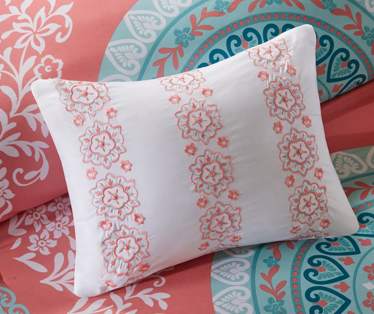 Blaire Coral & Aqua Boho Medallion Twin 8-Piece Comforter Set 11 Blaire Coral & Aqua Boho Medallion Twin 8-Piece Comforter Set - Image 9