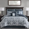 Eliot Navy & White Damask Jacquard California King 8-Piece Comforter Set
