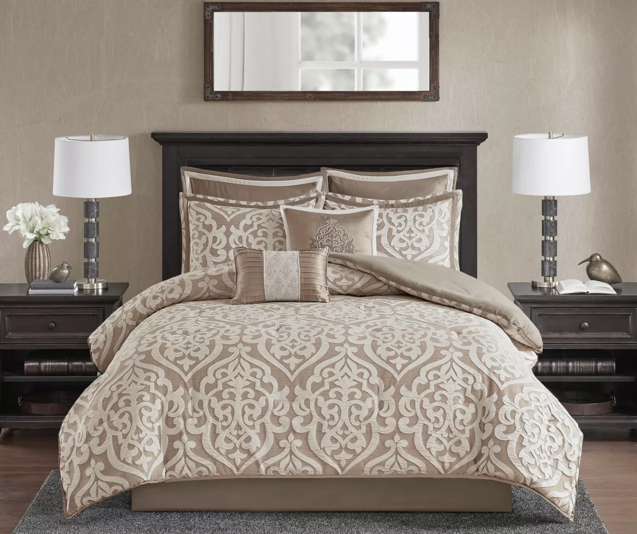 Eliot Tan & Beige Damask Jacquard Queen 8-Piece Comforter Set 3 Eliot Tan & Beige Damask Jacquard Queen 8-Piece Comforter Set