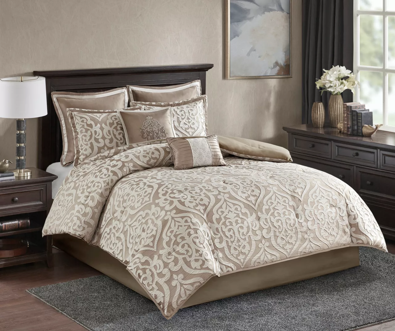 Eliot Tan & Beige Damask Jacquard California King 8-Piece Comforter Set 4 Eliot Tan & Beige Damask Jacquard California King 8-Piece Comforter Set - Image 2