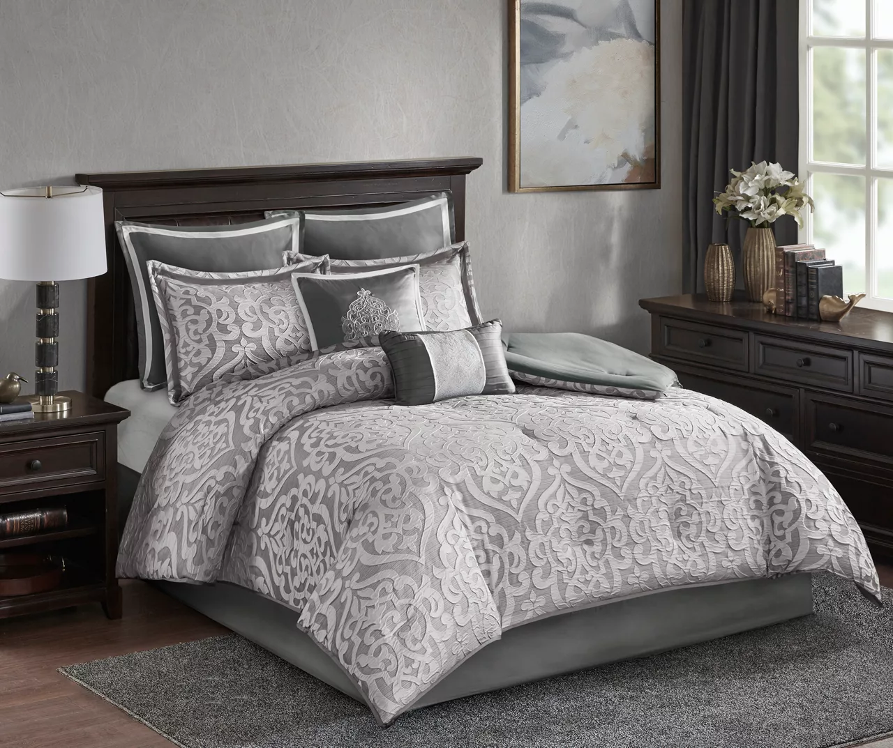 Eliot Silver & White Damask Jacquard King 8-Piece Comforter Set 4 Eliot Silver & White Damask Jacquard King 8-Piece Comforter Set - Image 2