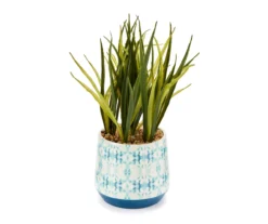 Grecian Getaway Green Artificial Greenery With White & Blue Ceramic Pot