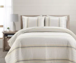 Farmhouse White, Yellow & Gray Stripe Reversible Full/Queen 3-Piece Quilt Set