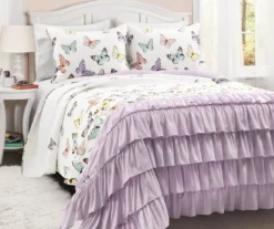 White & Lilac Flutter Butterfly Ruffle Reversible Twin 2-Piece Quilt Set