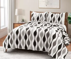 Black & Gray Mid-Century Waves Full/Queen 3-Piece Quilt Set