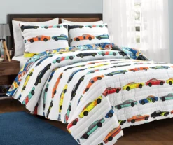 Lush Decor White Multi-Color Race Cars Reversible Quilt Set