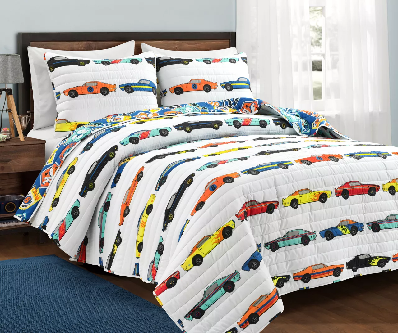 White Multi-Color Race Cars Reversible Twin 2-Piece Quilt Set 3 White Multi-Color Race Cars Reversible Twin 2-Piece Quilt Set