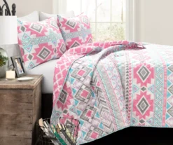 Pink & Turquoise Geometric Stripe Reversible Twin 2-Piece Quilt Set 10 Pink & Turquoise Geometric Stripe Reversible Twin 2-Piece Quilt Set -Northlight Sales Store 810596001 1