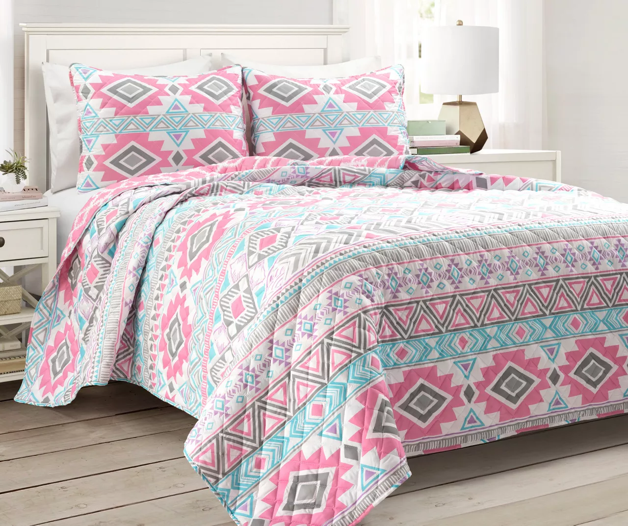 Pink & Turquoise Geometric Stripe Reversible Twin 2-Piece Quilt Set 3 Pink & Turquoise Geometric Stripe Reversible Twin 2-Piece Quilt Set