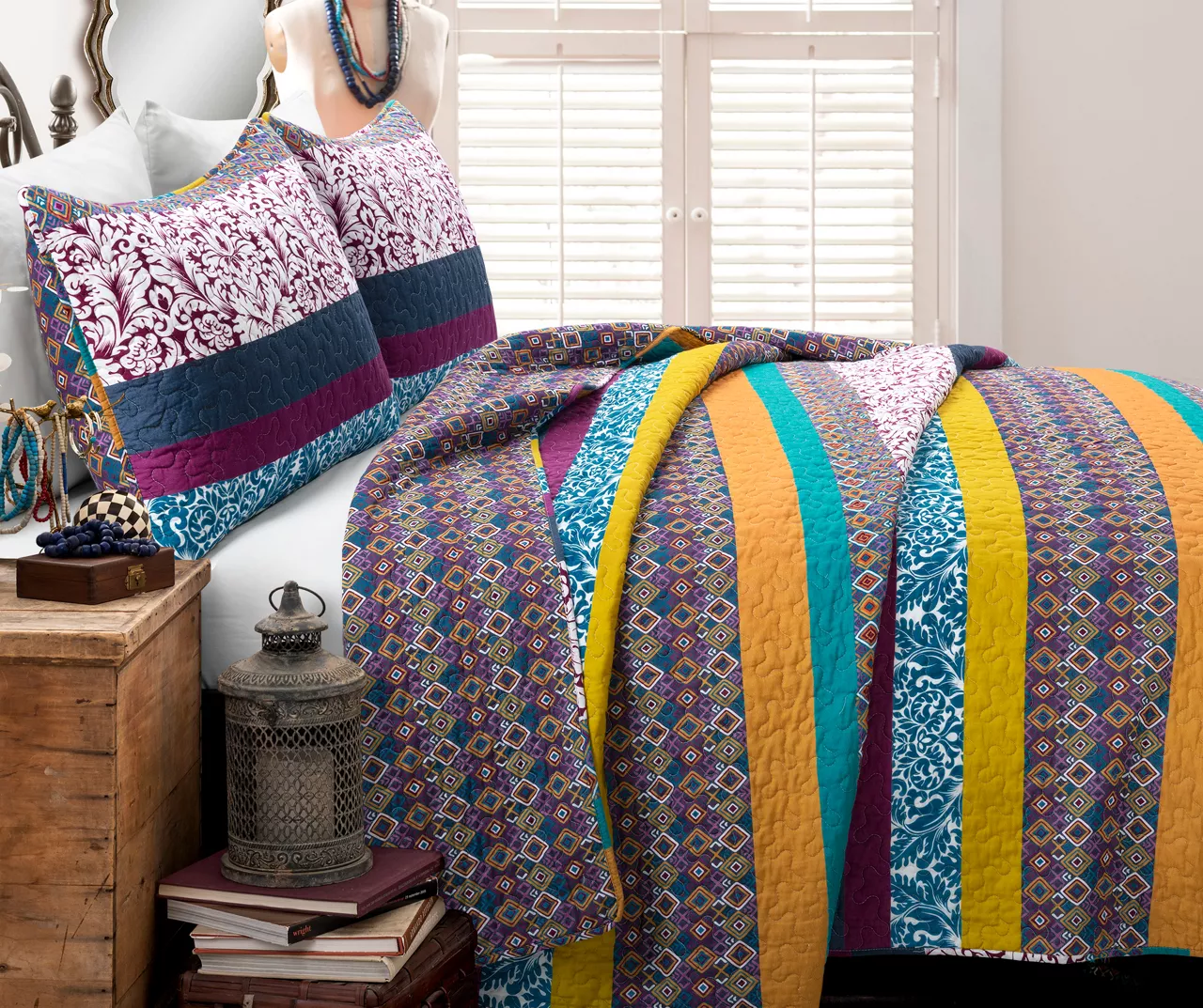 Plum & Yellow Bohemian Pattern Stripe Reversible Full/Queen 3-Piece Quilt Set 4 Plum & Yellow Bohemian Pattern Stripe Reversible Full/Queen 3-Piece Quilt Set - Image 2
