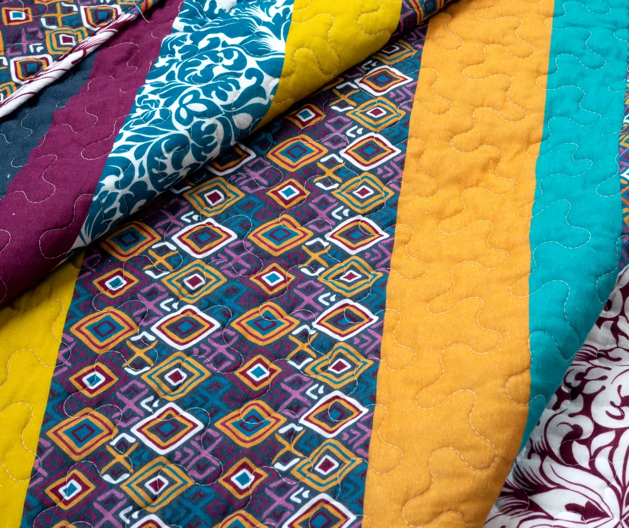 Plum & Yellow Bohemian Pattern Stripe Reversible Full/Queen 3-Piece Quilt Set 5 Plum & Yellow Bohemian Pattern Stripe Reversible Full/Queen 3-Piece Quilt Set - Image 3