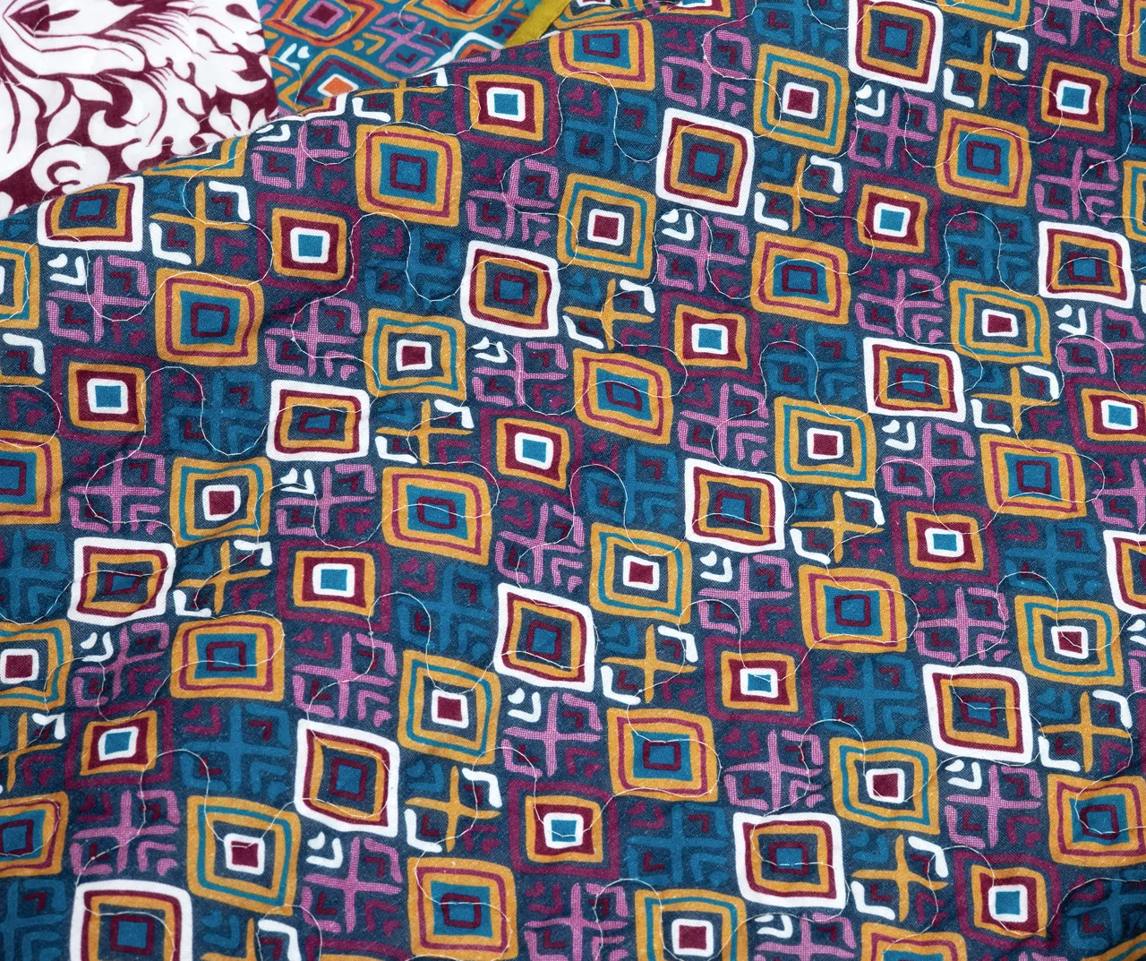 Plum & Yellow Bohemian Pattern Stripe Reversible Full/Queen 3-Piece Quilt Set 6 Plum & Yellow Bohemian Pattern Stripe Reversible Full/Queen 3-Piece Quilt Set - Image 4