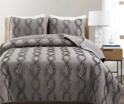 Avon Dark Gray Ruffled Helix Pattern Full/Queen 3-Piece Quilt Set