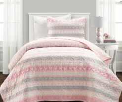 Sara Lily Pink & Gray Pattern Stripe Reversible Twin XL 2-Piece Quilt Set