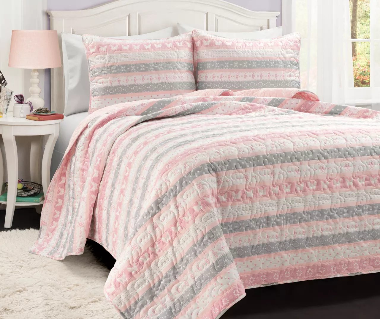 Lush Decor Sara Lily Pink & Gray Pattern Stripe Reversible Quilt Set 4 Lush Decor Sara Lily Pink & Gray Pattern Stripe Reversible Quilt Set - Image 2