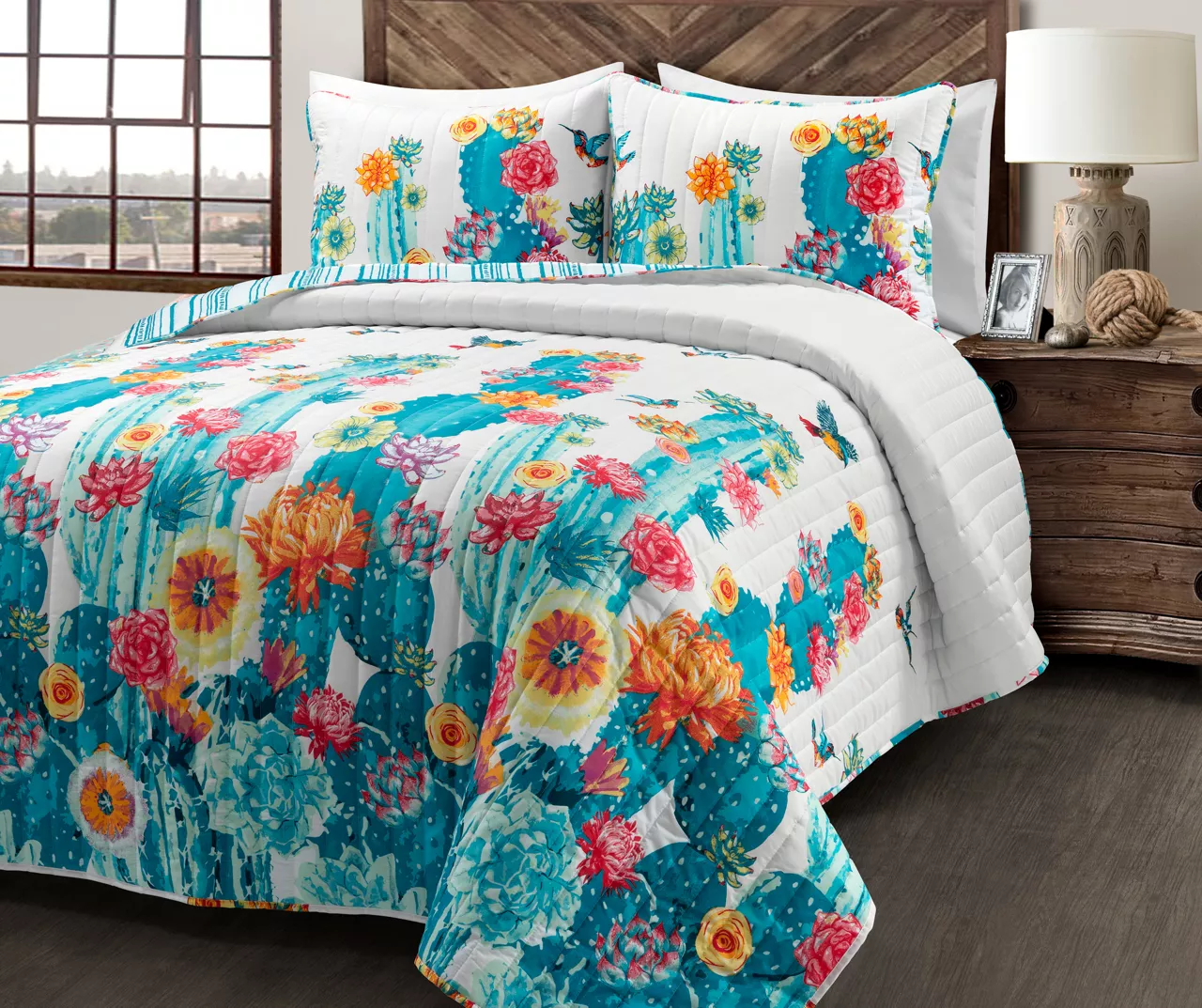 Lush Decor Turquoise & Orange Southwest Cactus Reversible Quilt Set 3 Lush Decor Turquoise & Orange Southwest Cactus Reversible Quilt Set