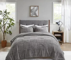 Polar Gray Patchwork Stripe Faux Fur Full/Queen 3-Piece Comforter Set
