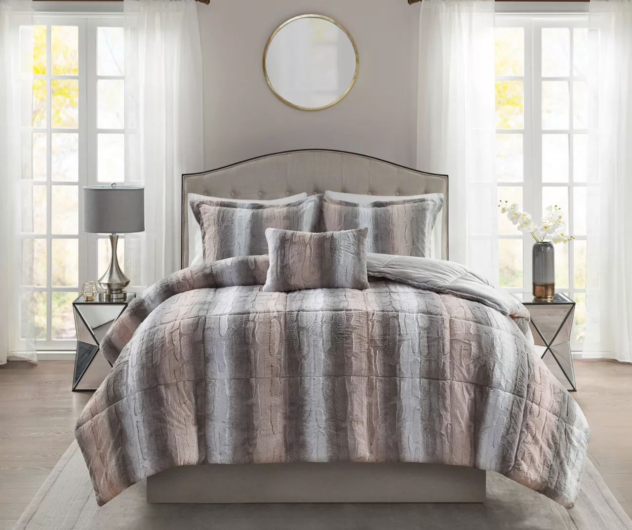 Marselle Blush & Gray Stripe Faux Fur King 4-Piece Comforter Set 3 Marselle Blush & Gray Stripe Faux Fur King 4-Piece Comforter Set