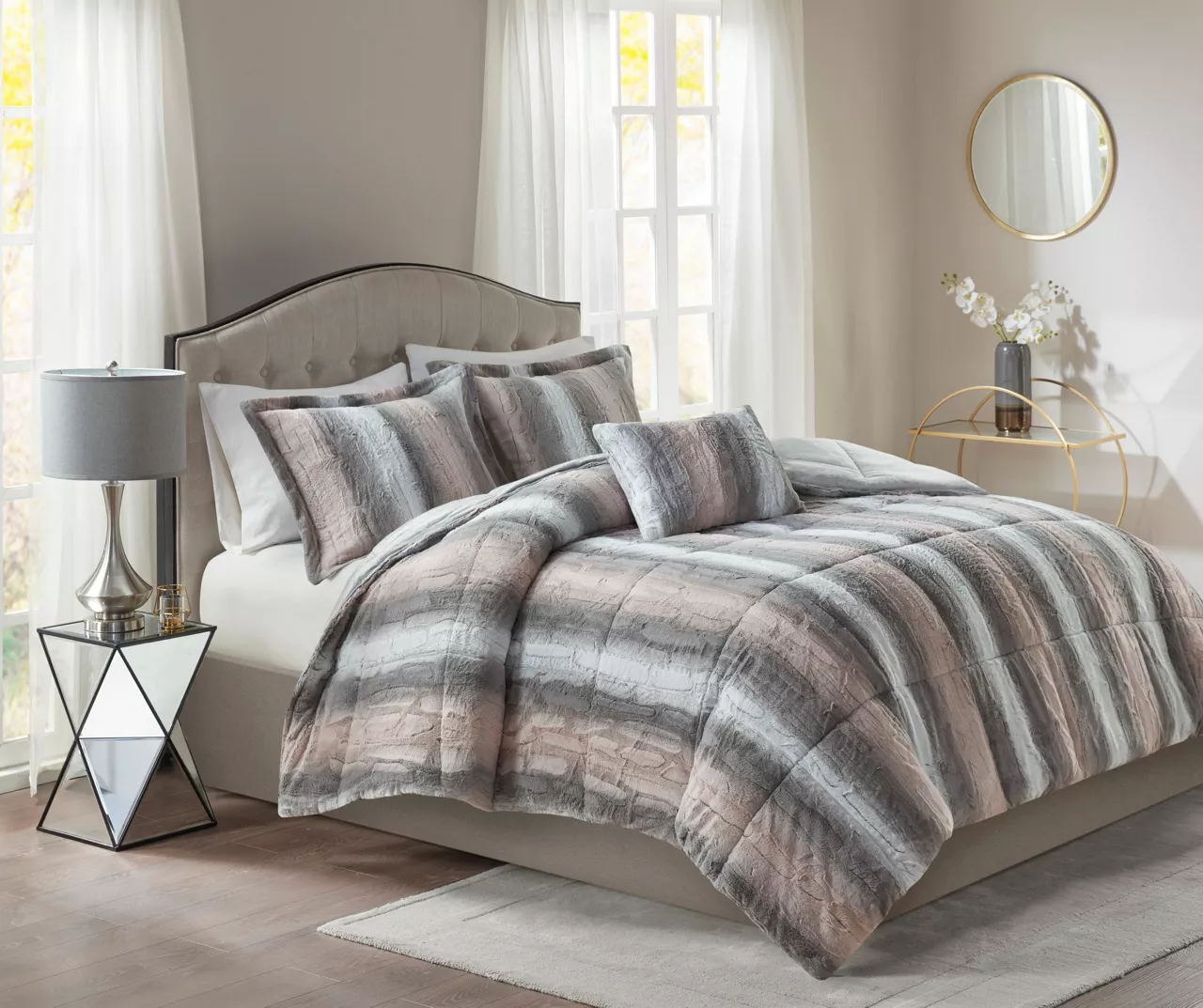 Marselle Blush & Gray Stripe Faux Fur King 4-Piece Comforter Set 4 Marselle Blush & Gray Stripe Faux Fur King 4-Piece Comforter Set - Image 2