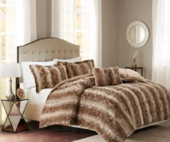 Marselle Brown & Tan Stripe Faux Fur Full/Queen 4-Piece Comforter Set -Northlight Sales Store 810598184 810598185 2