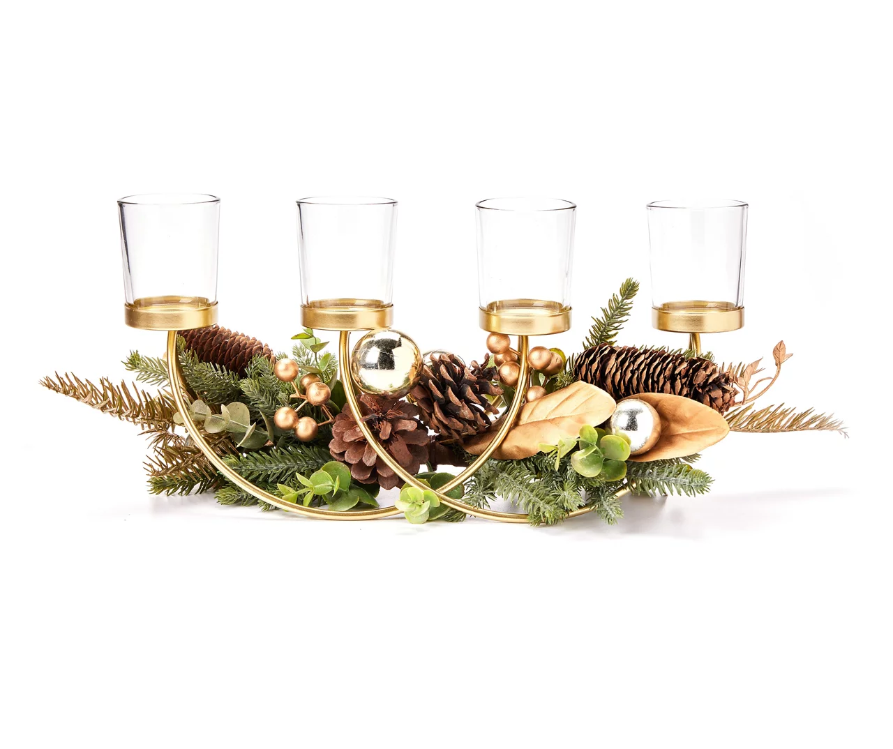 Festive Gathering Gold 4-Tier LED Votive Candle Centerpiece With Pine, Leaves And Berries 3 Festive Gathering Gold 4-Tier LED Votive Candle Centerpiece With Pine, Leaves And Berries